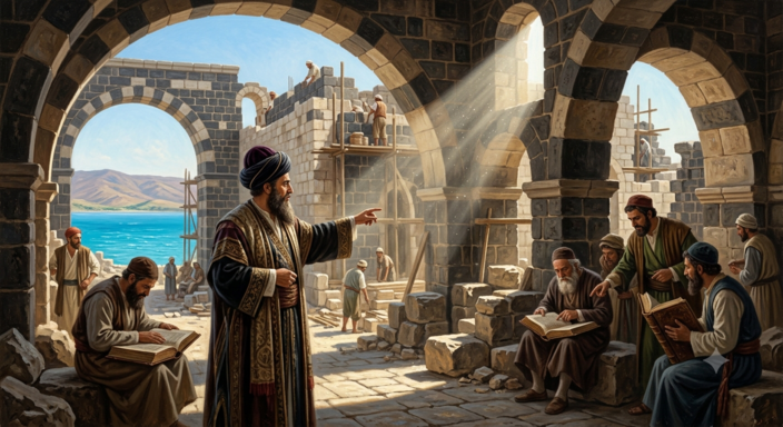 איור אמנותי של בניית חומות הבזלת ובית הכנסת עץ החיים בטבריה