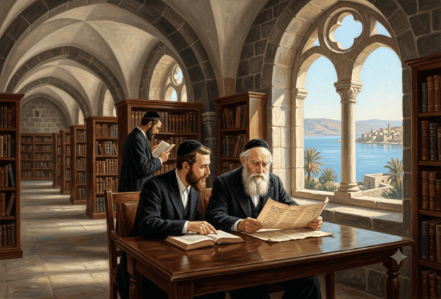 למדנים יהודים מנתחים כתבי יד בתוך מבנה אבן עתיק בטבריה